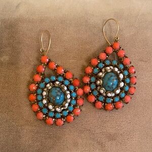 Vintage rhinestone Coral and Turquoise color Teardrop Earrings.
